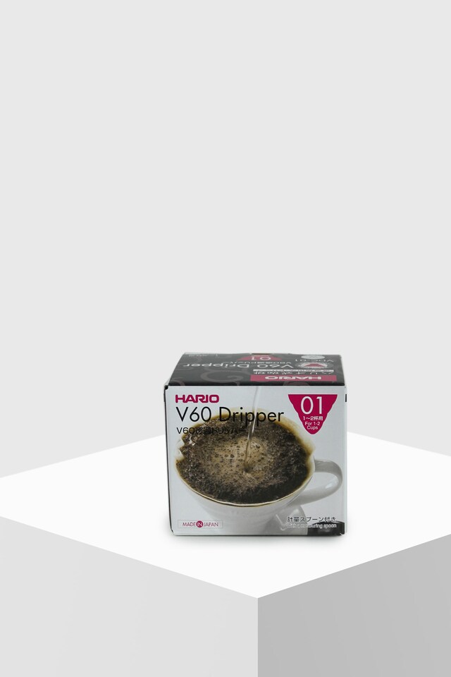 Hario Coffee Dripper V60 01 Cerámica blanca filtro de café (caja, vista frontal)